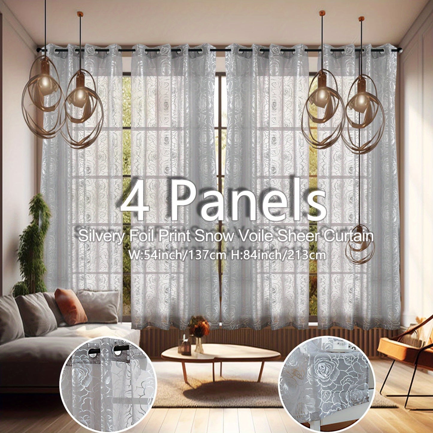 4 Panels Transparent Snow Voile Curtains Silvery Foil Printed Roses Design Living Room Bedroom Set of 4 Room Decor Home Decor