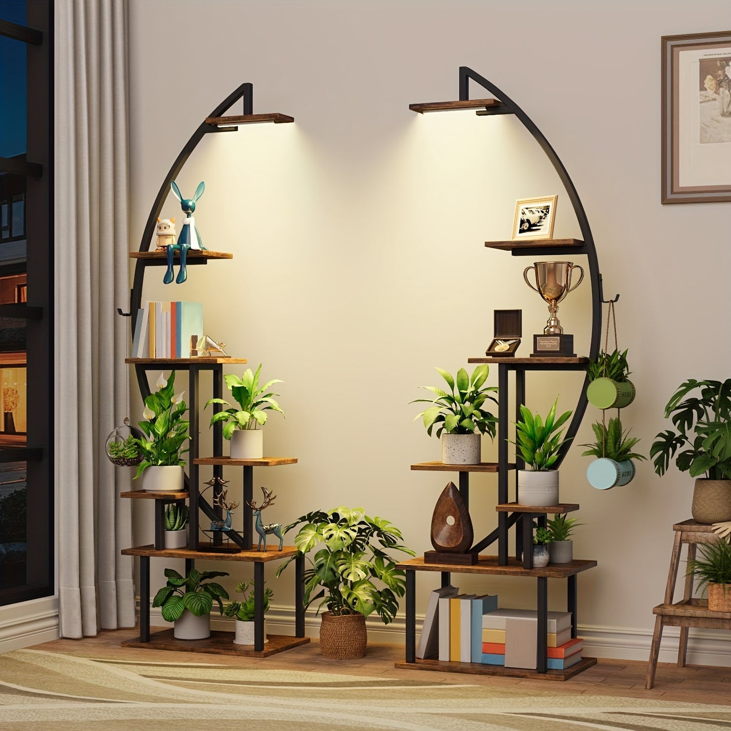 65 Inch Multi Functional Metal Black and Brown 7 Tiered Two Piece Bookshelf with Lights Wooden Bookcase for Books Handicraft Decorations Frames Multiple Corner Display Stand for Living Room Study Room Bedroom Hallway Good Gift Choice