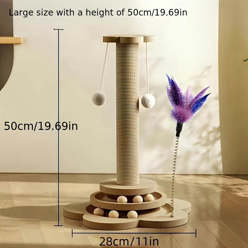 Vertical Cat Scratching Tower with Solid Wood Construction Sisal Rope Scratching Surface Cozy Cat Nest Climbing Frame Wear-Resistant Teasing Stick Toy for Multi-Cat Households