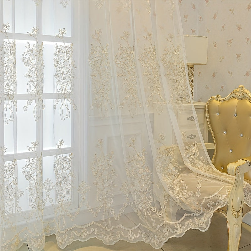 2pcs Tiyana Sheer Curtains with Golden Embroidery Elegant Floral Pattern Lightweight Polyester Grommet Top for Living Room and Bedroom All Season Thermal Insulation French Style Home Decor