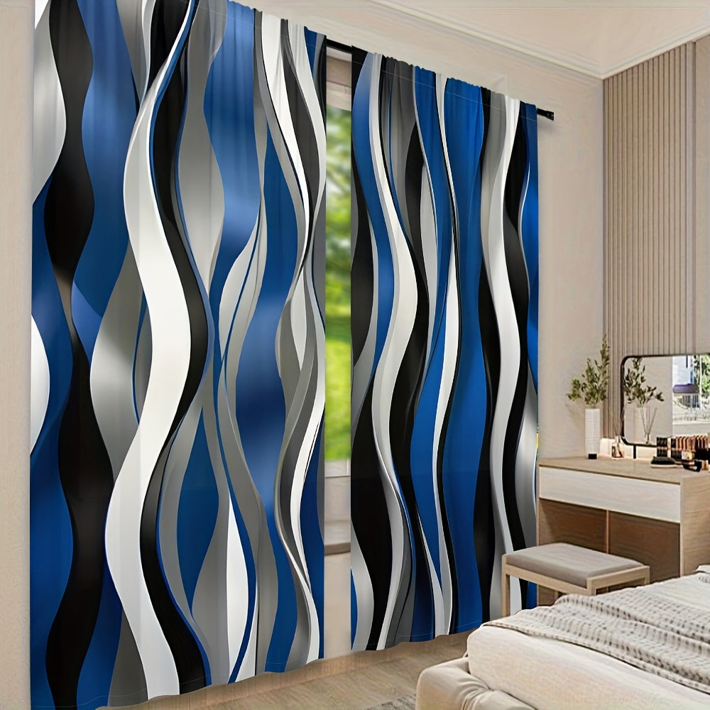 Fashionable Dynamic Smooth Wavy Lines Geometric Pattern Semi Blackout Window Curtains 2 Panels For Bedroom Living Room Kitchen Office Study Indoor Outdoor Home Decor Drapes