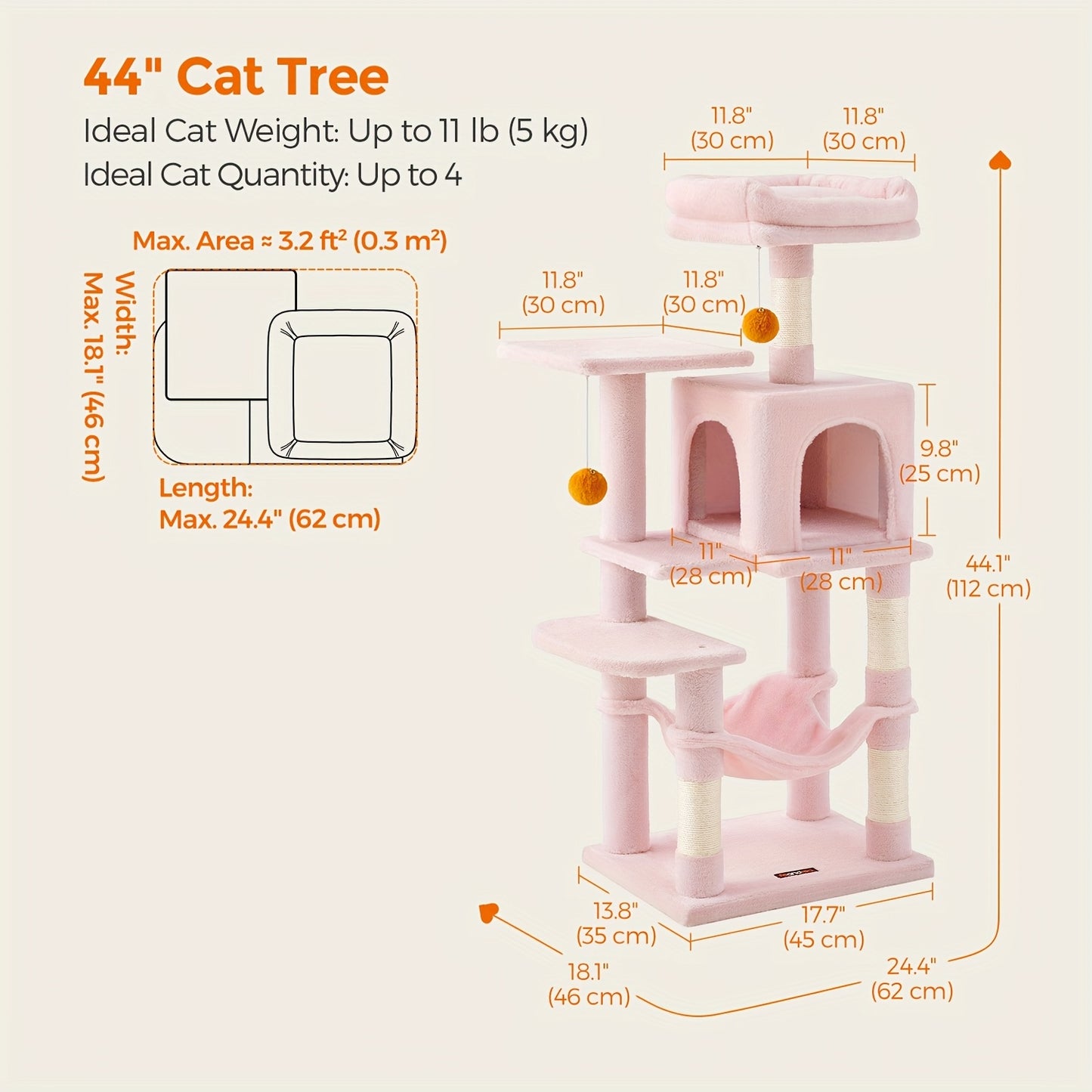 Feandrea Cat Tree 44/66.1in Large Plush Condo for Cats
