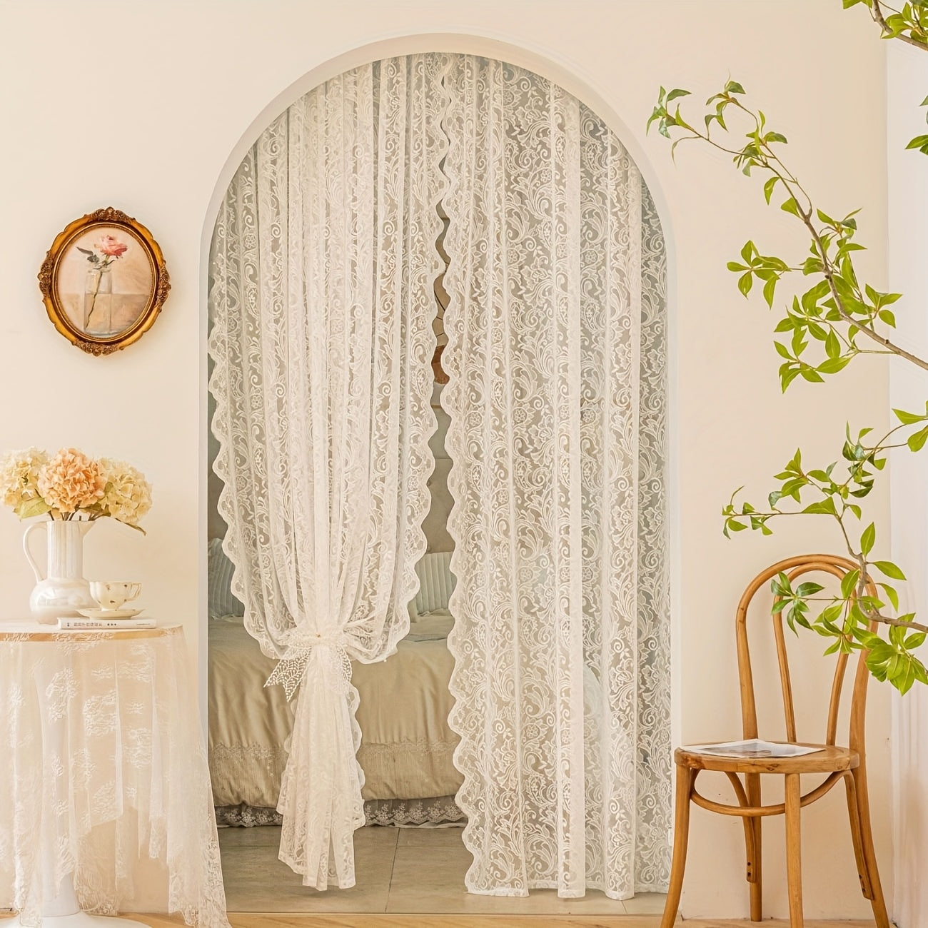 2D White Lace Curtain Semi Transparent Floral Pattern Rod Pocket Design for Living Room Bedroom Kitchen or Cafe Washable Polyester All Season Use