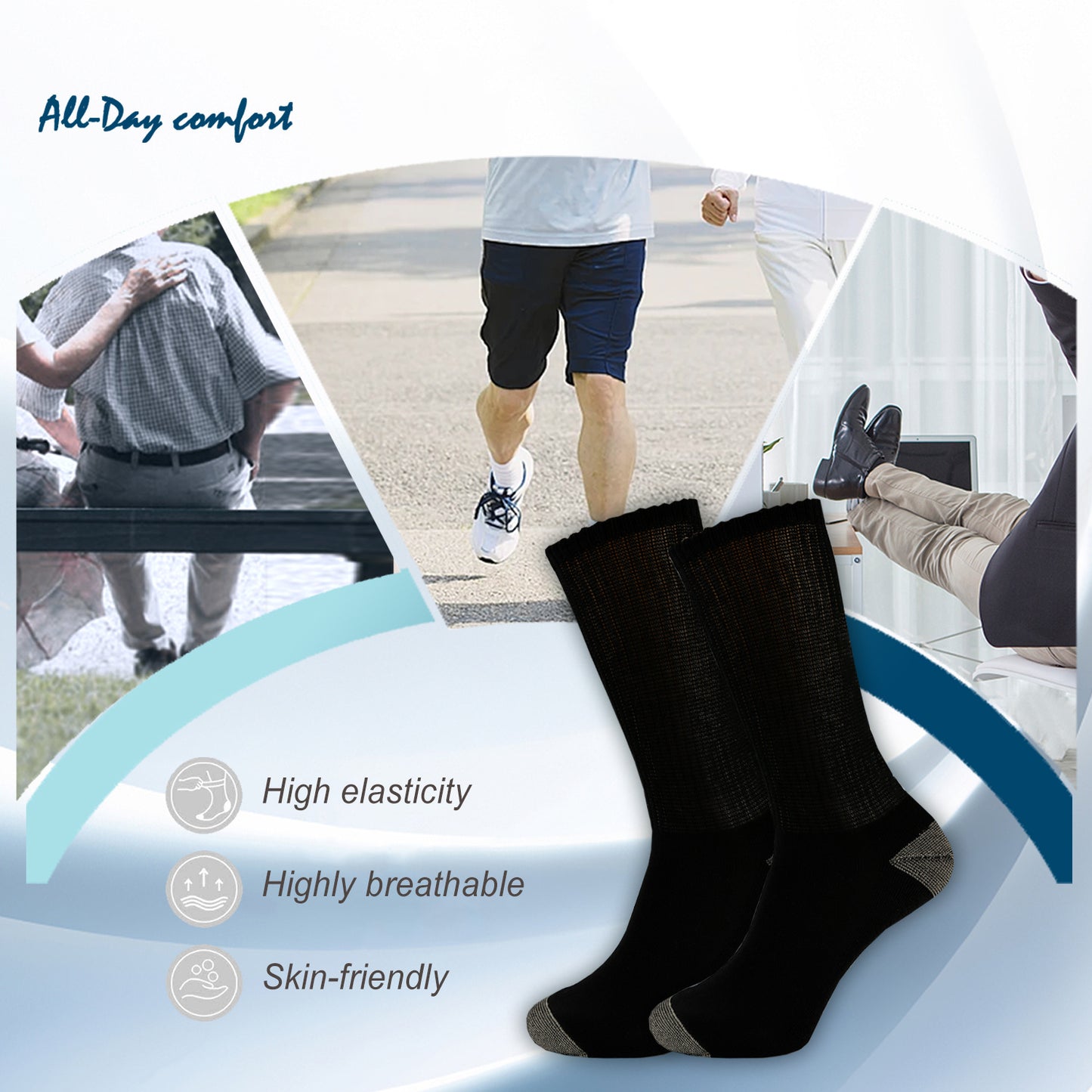 6 Pairs Copper Ion Diabetic Socks for Men, Non-Bonding Crew