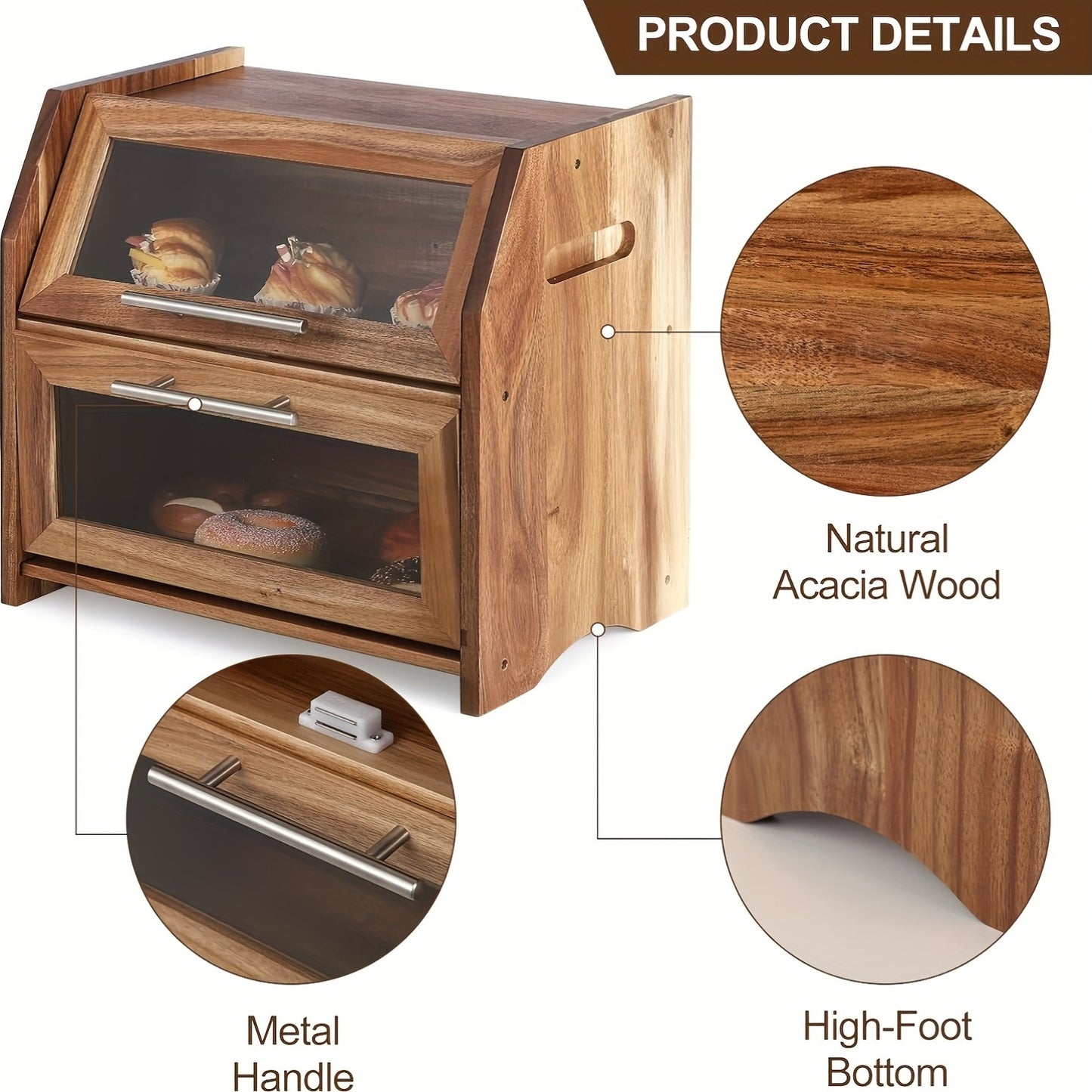 2 Layer Bread Box, Large Bread Bin With Clear Door Panels, Brown