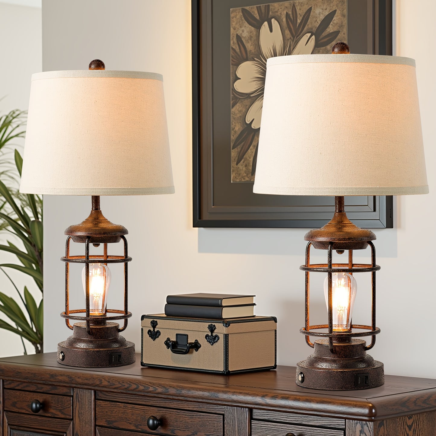 2 Set Farmhouse Table Lamps with 4 LED Bulbs 9W Bright Rotary Switch Top Light Touch Control 3 Way Dimmable Nightstand Lamps Dual USB Ports Natural Linen Shade Metal Black 22 Inch
