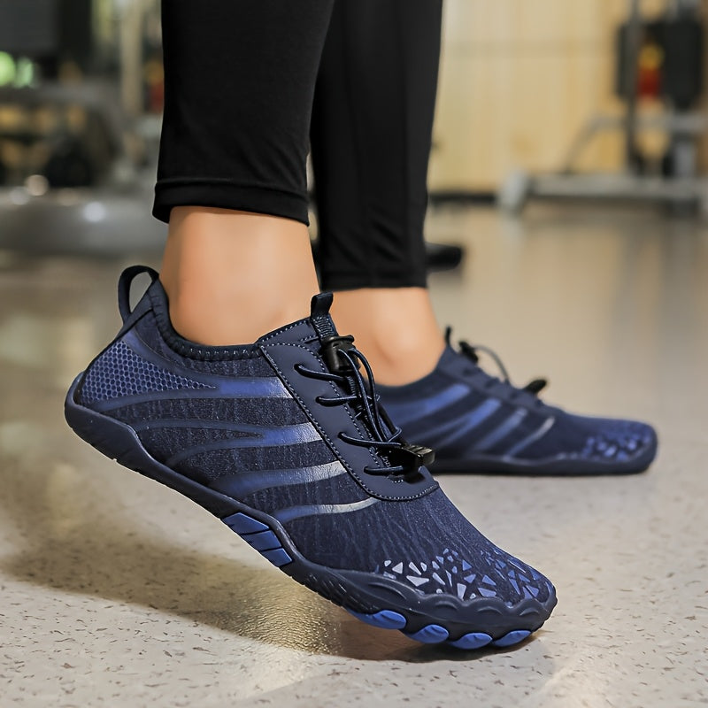 Quick Dry Men's Water Shoes with Adjustable Laces Breathable Mesh Non Slip Rubber Sole Versatile for Yoga Fitness Hiking Fishing Surfing and Cycling Blue and Black Striped