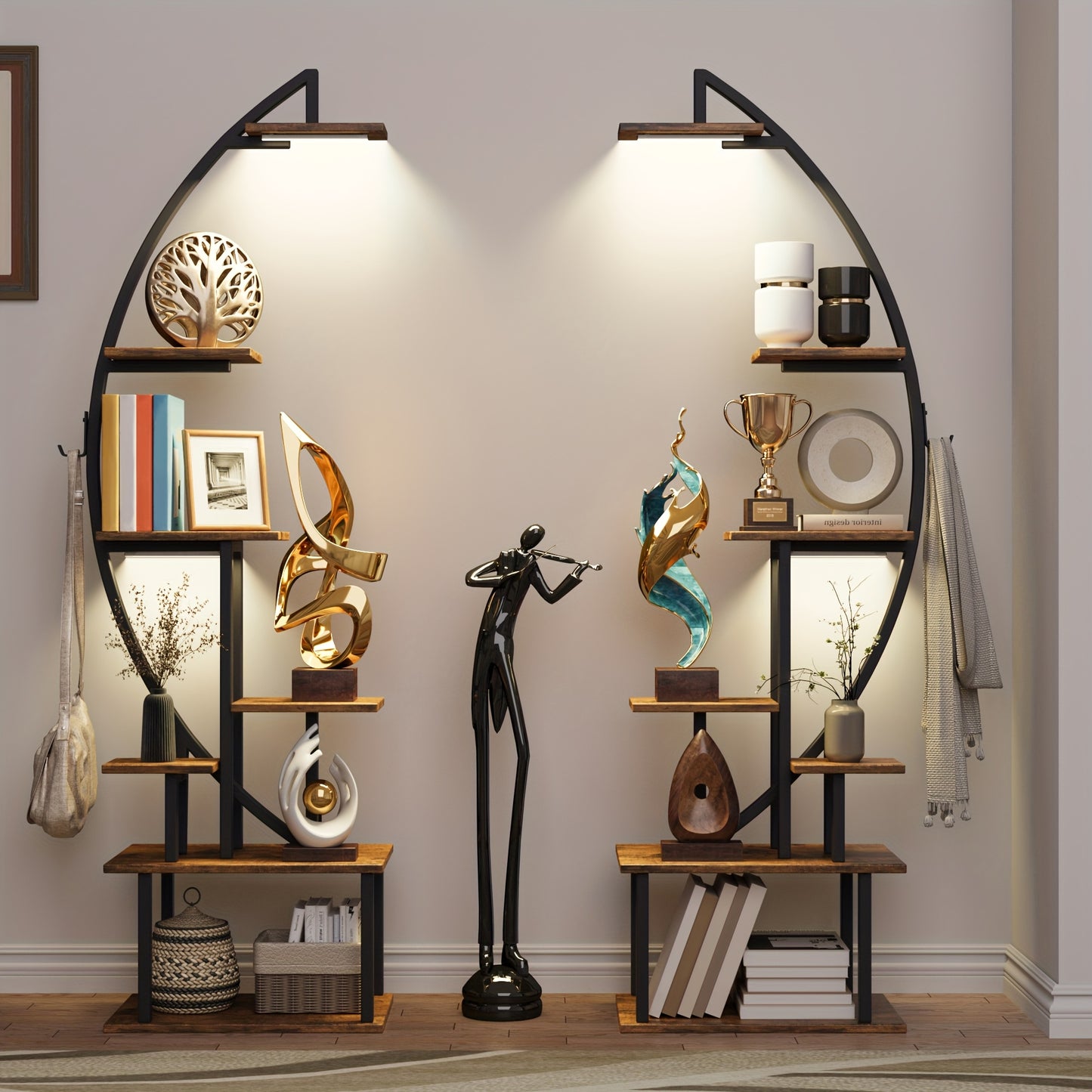 65 Inch Multi Functional Metal Black and Brown 7 Tiered Two Piece Bookshelf with Lights Wooden Bookcase for Books Handicraft Decorations Frames Multiple Corner Display Stand for Living Room Study Room Bedroom Hallway Good Gift Choice