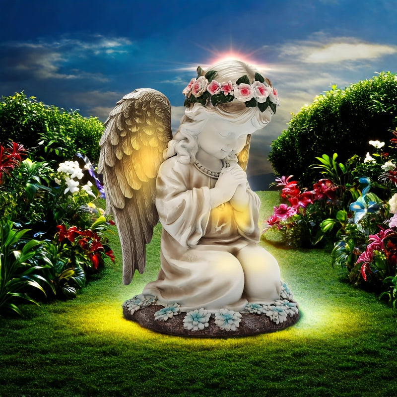 Solar Angel Garden Statue Outdoor Lawn Decor Figurine with LED Lights Resin Flower Sculpture Art Housewarming Gift for Yard Fairy Backyard Patio Porch Balcony