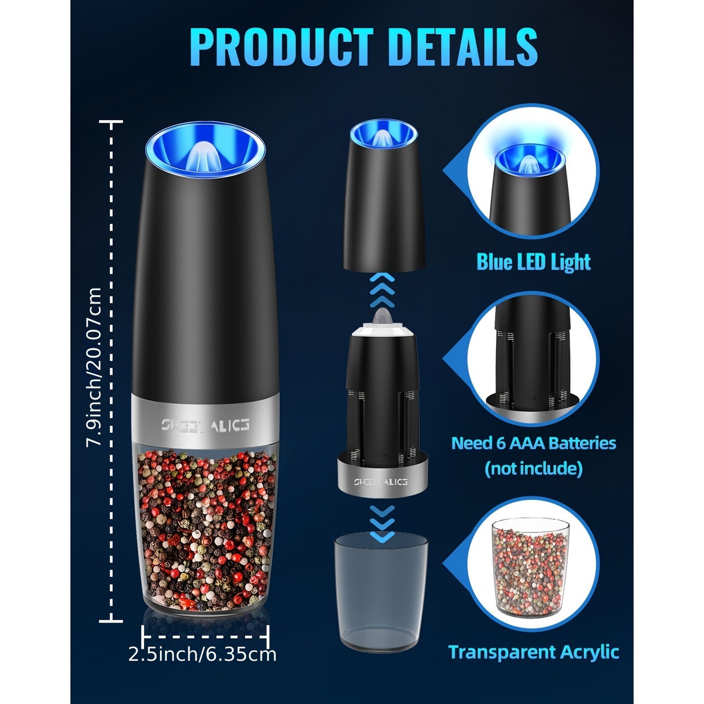 Electric Spice Mill 2 Pcs Stainless Steel Grinder Set