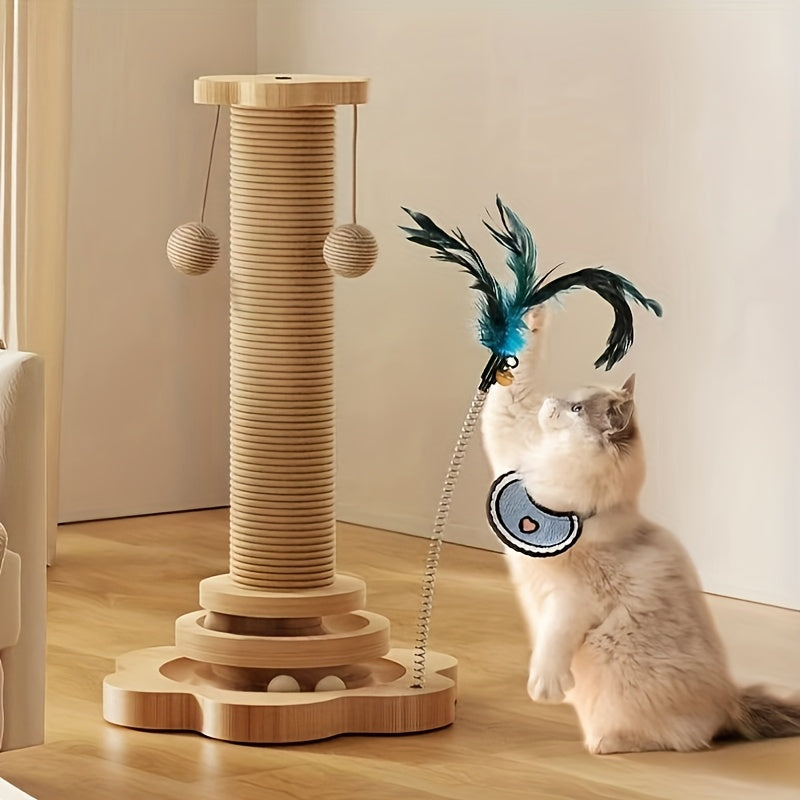 Vertical Cat Scratching Tower with Solid Wood Construction Sisal Rope Scratching Surface Cozy Cat Nest Climbing Frame Wear-Resistant Teasing Stick Toy for Multi-Cat Households