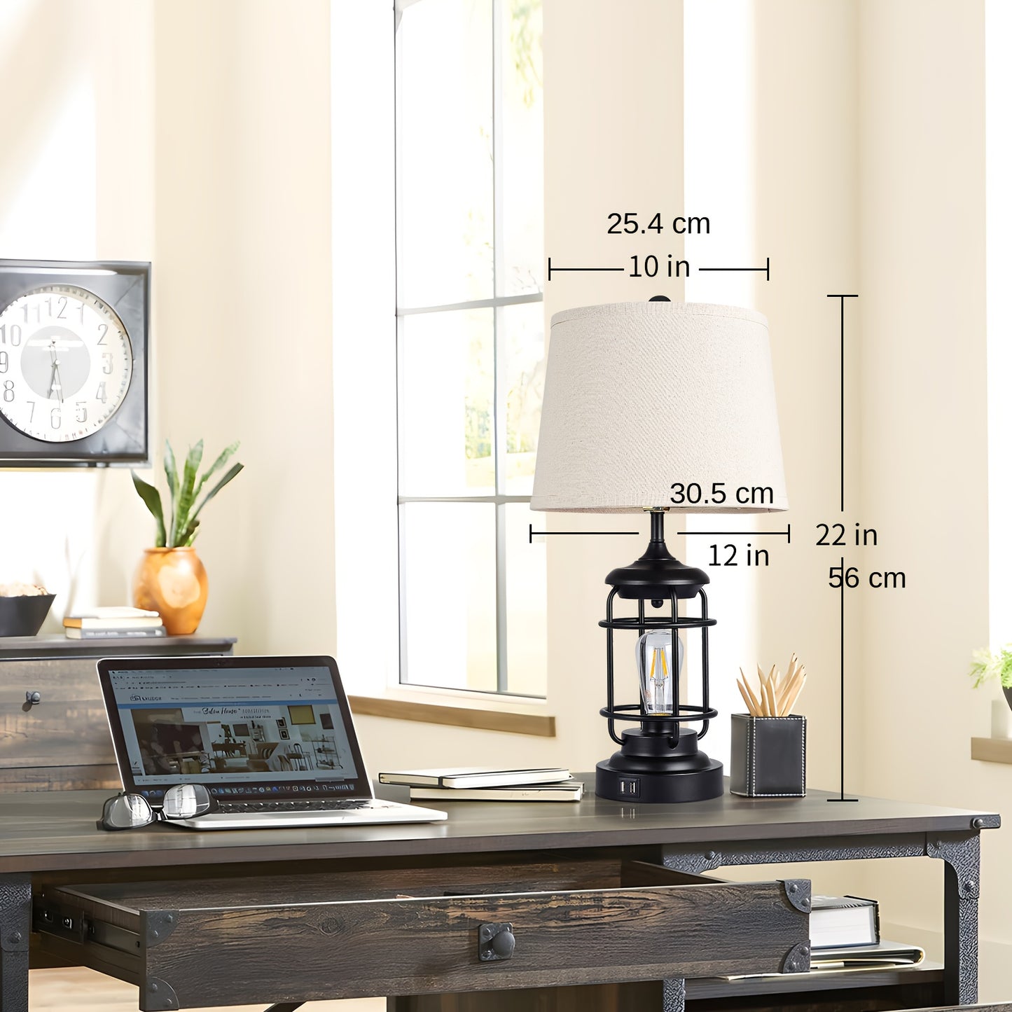 2 Set Farmhouse Table Lamps with 4 LED Bulbs 9W Bright Rotary Switch Top Light Touch Control 3 Way Dimmable Nightstand Lamps Dual USB Ports Natural Linen Shade Metal Black 22 Inch