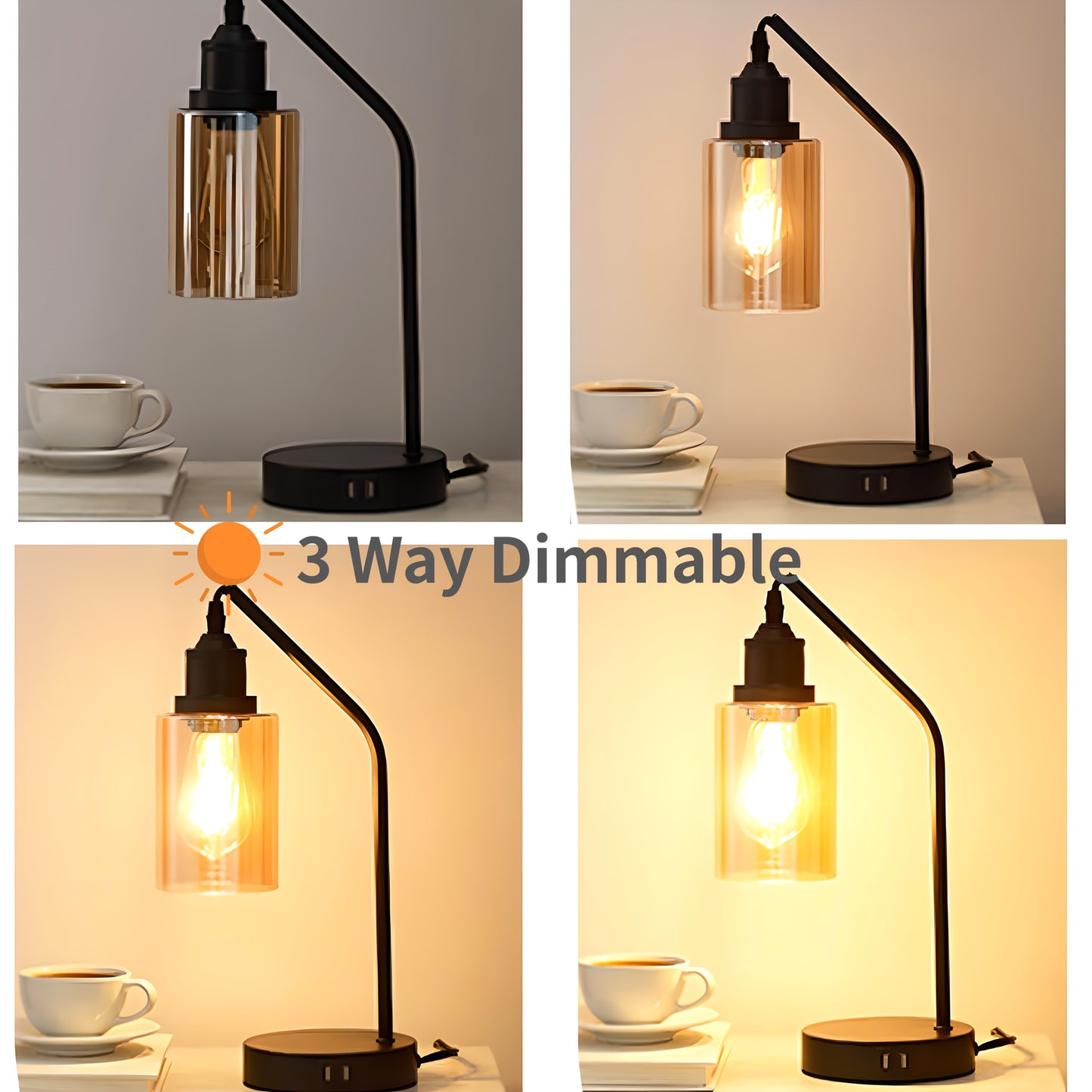 Matte Black 2 Pack 16 Inch Industrial Nightstand Table Lamp 3 Way Dimmable Touch Control Amber Glass Shade Dual USB Charging Ports Includes LED Filament Bulbs Small Desk Lamp for Living Room Bedroom Home Office