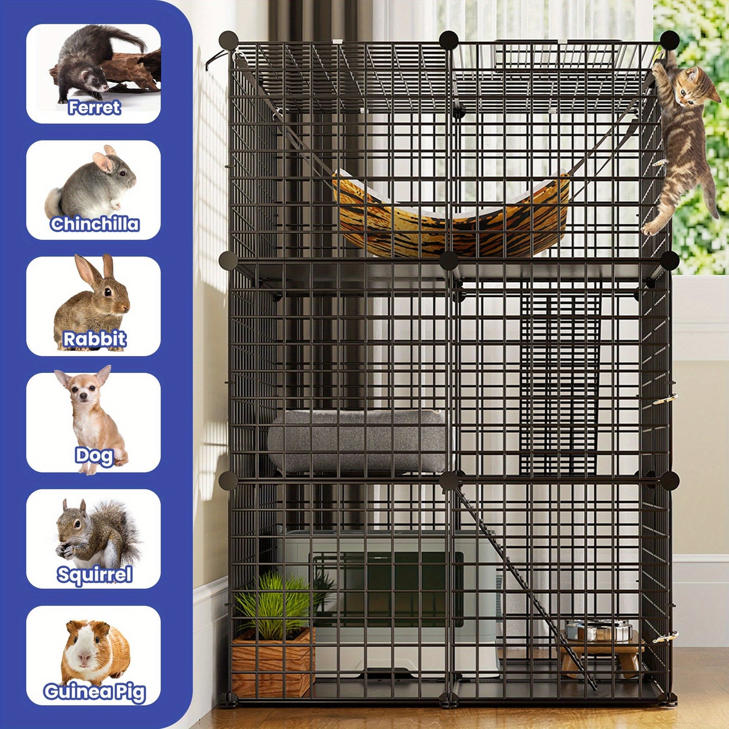 Indoor Outdoor Cat Cage DIY Cat Enclosure with 3 Level Metal Playpen and Oversized Hammock for One or Two Cats and Rabbits