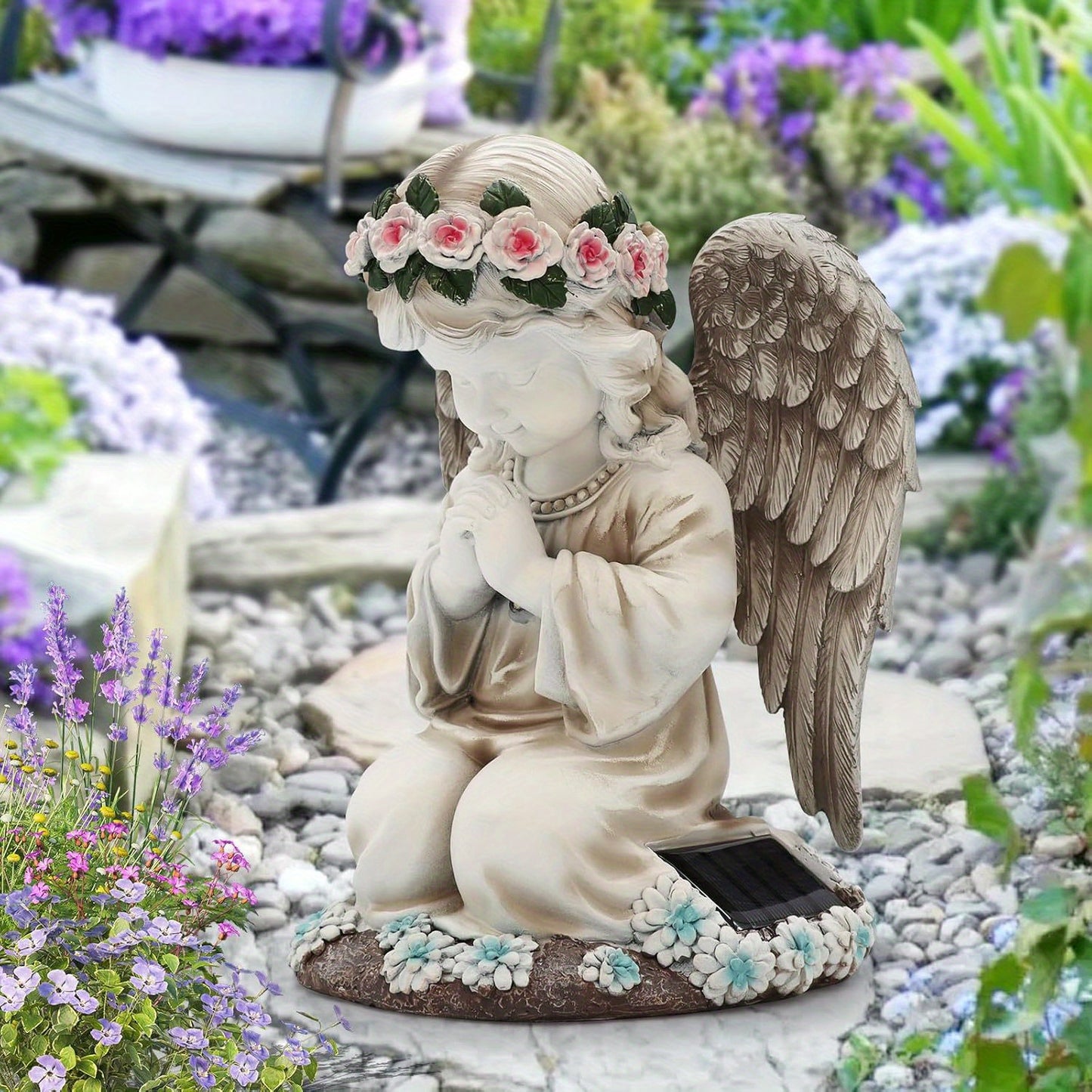 Solar Angel Garden Statue Outdoor Lawn Decor Figurine with LED Lights Resin Flower Sculpture Art Housewarming Gift for Yard Fairy Backyard Patio Porch Balcony