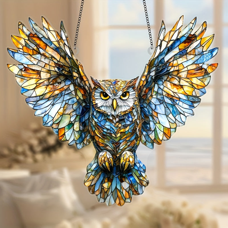 1pc Stained Glass Owl Suncatcher 6.7 Inch X 8 Inch Plastic Animal Theme Hanging Decoration Perfect for Christmas Home and Office Murals Unique Birthday and Anniversary Gift for Her Holiday Room and Outdoor Decor