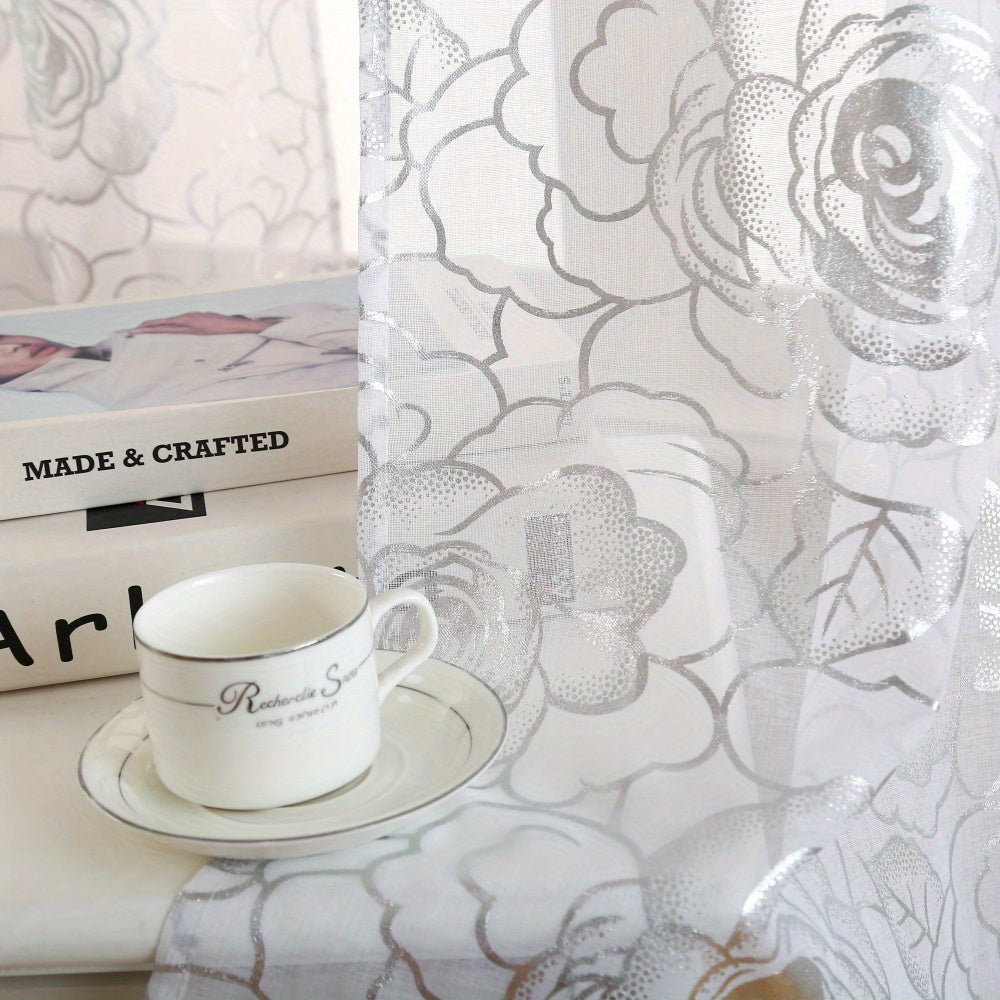4 Panels Transparent Snow Voile Curtains Silvery Foil Printed Roses Design Living Room Bedroom Set of 4 Room Decor Home Decor