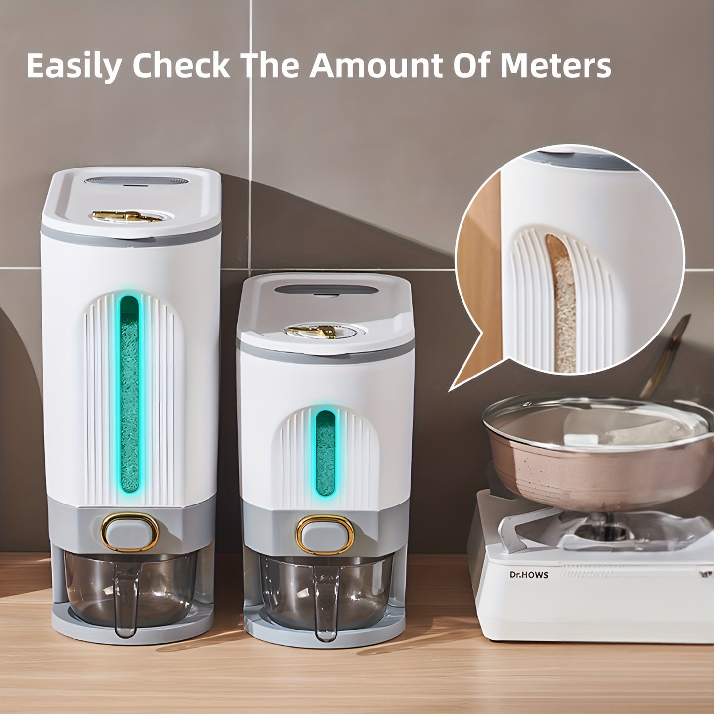 Large Capacity Moisture Resistant Rice Dispenser with Time Recorder and Measuring Cup