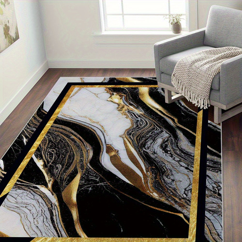Luxury Retro Abstract Geometric Crystal Mat Non Slip Machine Washable Soft Polyester Indoor Mat with Rubber Backing Black and Golden Design for Living Room Bedroom Large Sizes Available