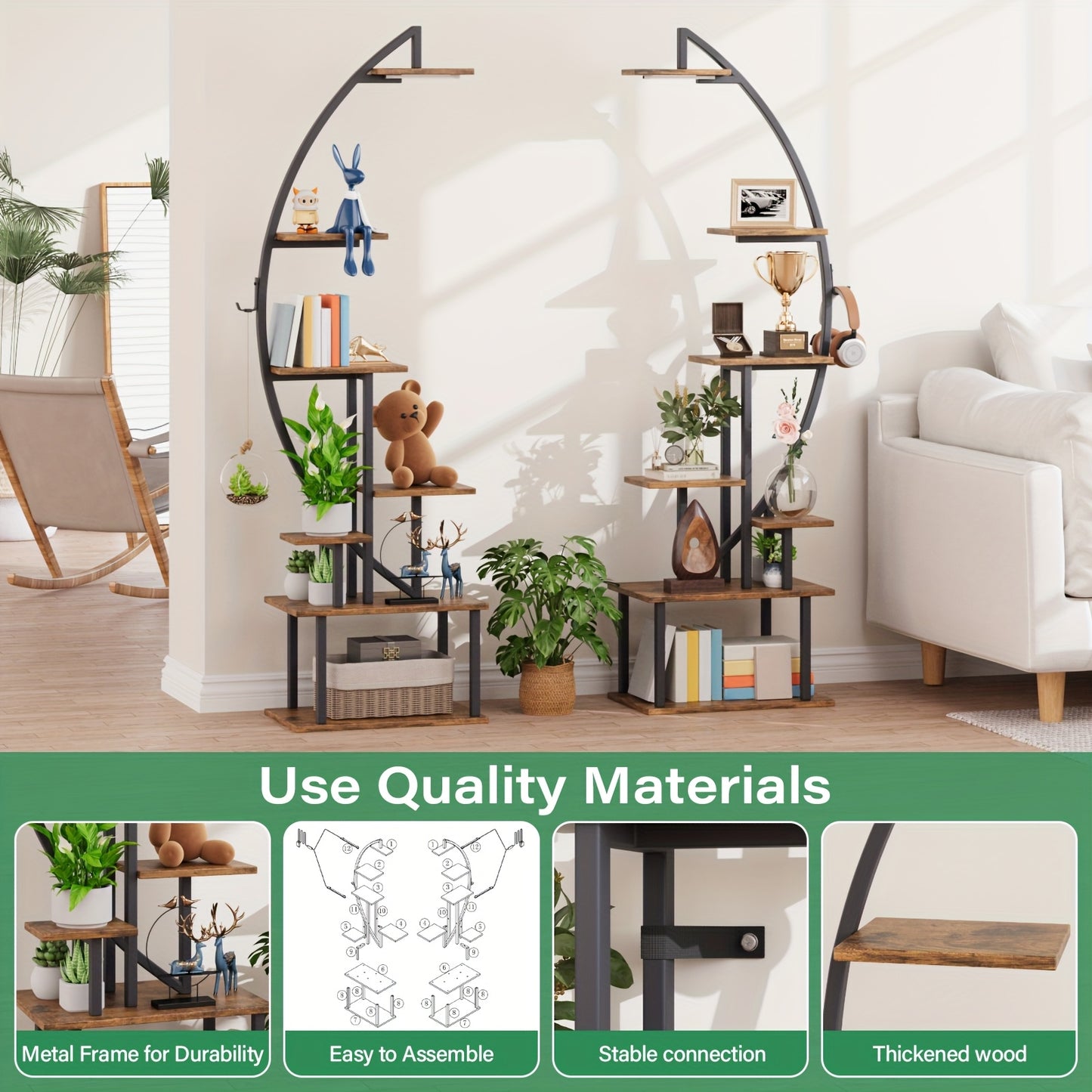 65 Inch Multi Functional Metal Black and Brown 7 Tiered Two Piece Bookshelf with Lights Wooden Bookcase for Books Handicraft Decorations Frames Multiple Corner Display Stand for Living Room Study Room Bedroom Hallway Good Gift Choice