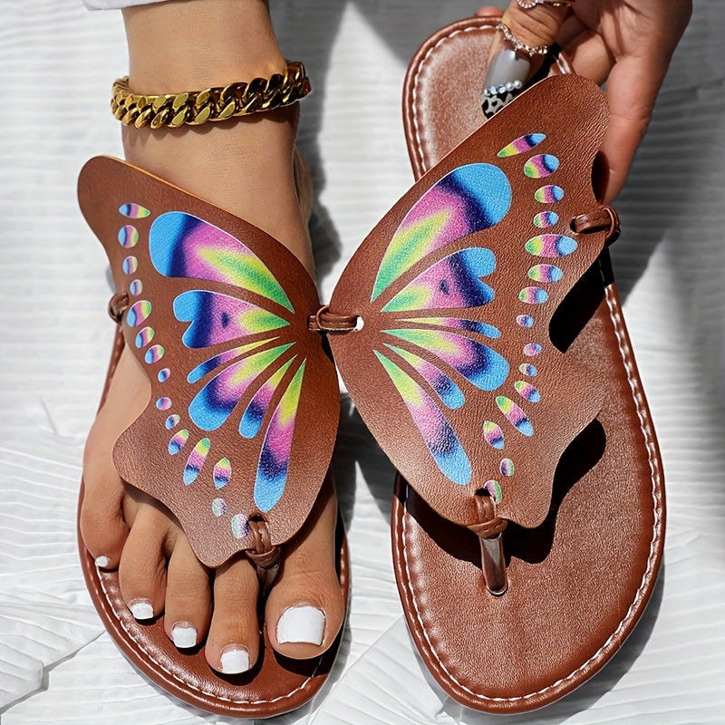 Women's Butterfly Flip Flops, Faux Leather Thong Slippers