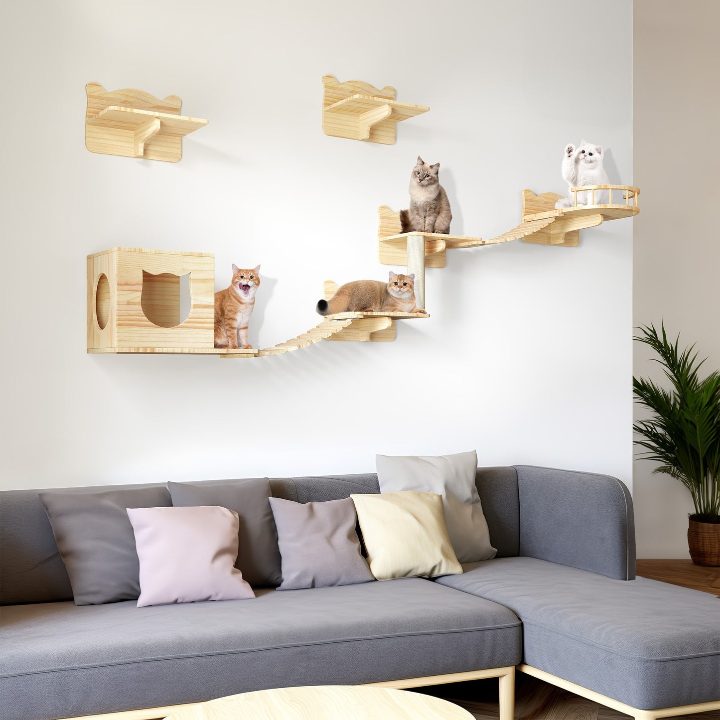 Natural Pine Cat Tree 9pcs Wall-Mounted Set with Condo