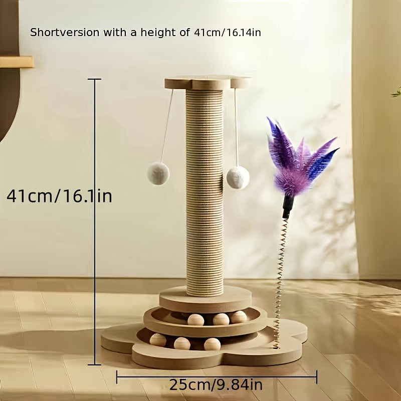 Vertical Cat Scratching Tower with Solid Wood Construction Sisal Rope Scratching Surface Cozy Cat Nest Climbing Frame Wear-Resistant Teasing Stick Toy for Multi-Cat Households