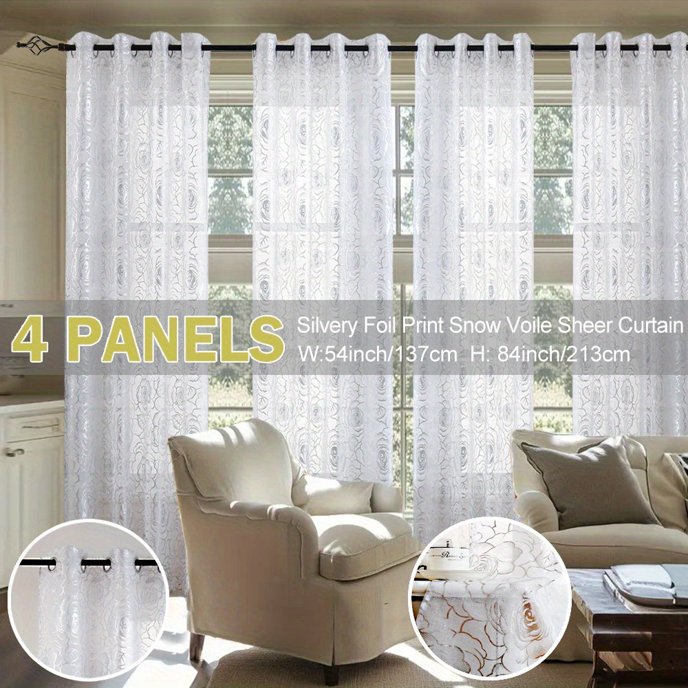 4 Panels Transparent Snow Voile Curtains Silvery Foil Printed Roses Design Living Room Bedroom Set of 4 Room Decor Home Decor