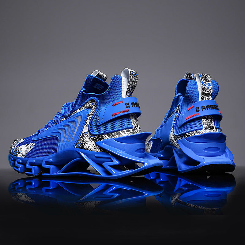 Men's Fashion Athletic Sneakers - Blue with White & Red Accents, Breathable Fabric Lining, Rubber Sole, Round Toe, Plus Size Available