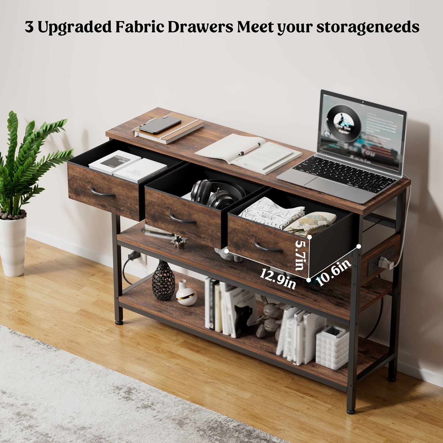 AOWOS 3-Tier Console Table with Charging Station Rustic Modern Narrow Sofa Table with Adjustable Feet and Breathable Fabric Drawers Hardwood Entryway Organizer for Hallway and Living