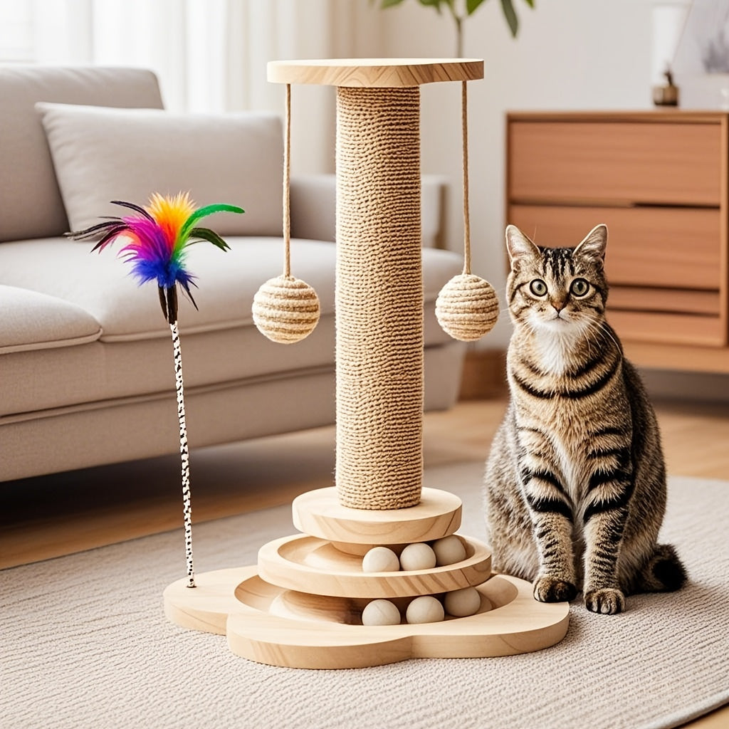Vertical Cat Scratching Tower with Solid Wood Construction Sisal Rope Scratching Surface Cozy Cat Nest Climbing Frame Wear-Resistant Teasing Stick Toy for Multi-Cat Households