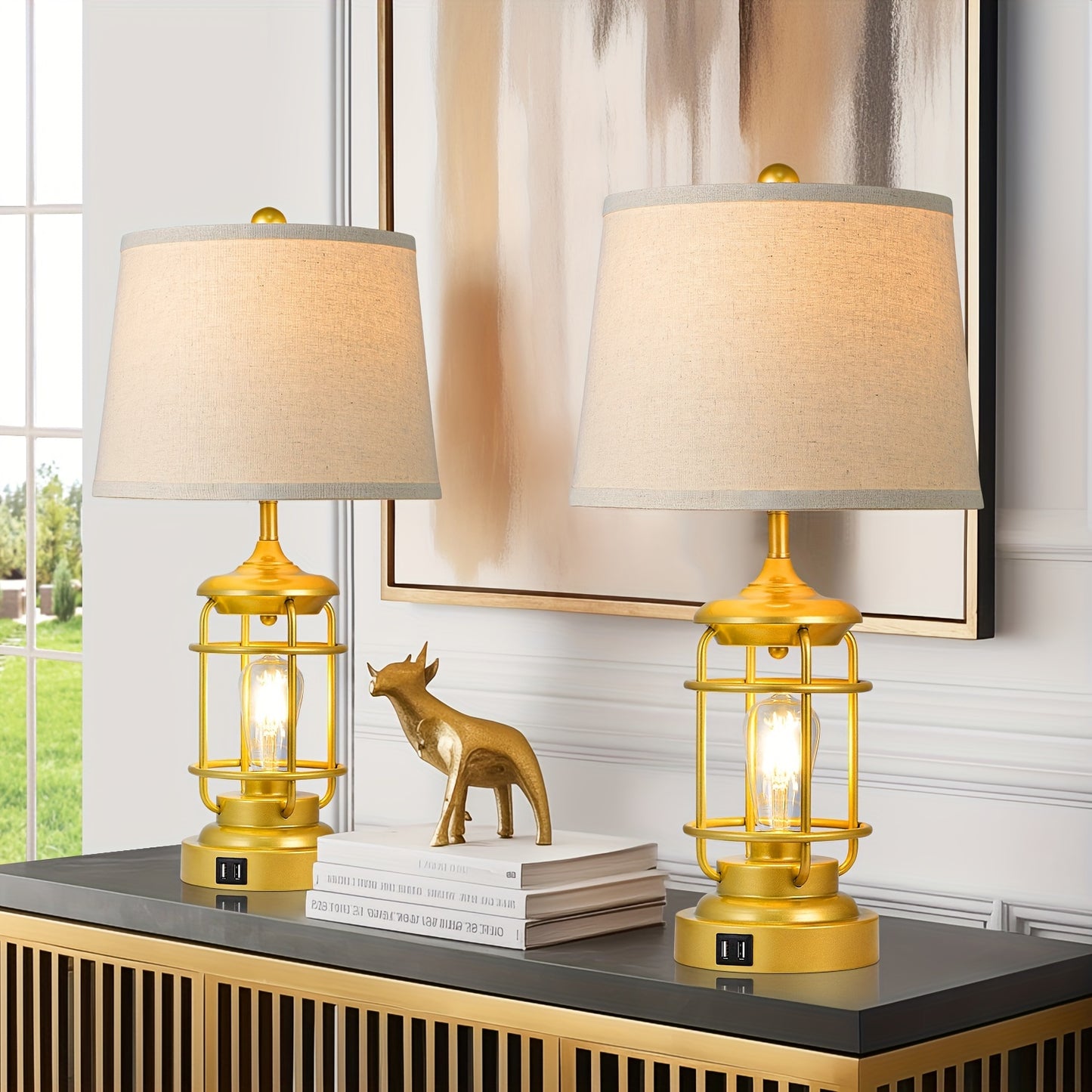 2 Set Farmhouse Table Lamps with 4 LED Bulbs 9W Bright Rotary Switch Top Light Touch Control 3 Way Dimmable Nightstand Lamps Dual USB Ports Natural Linen Shade Metal Black 22 Inch