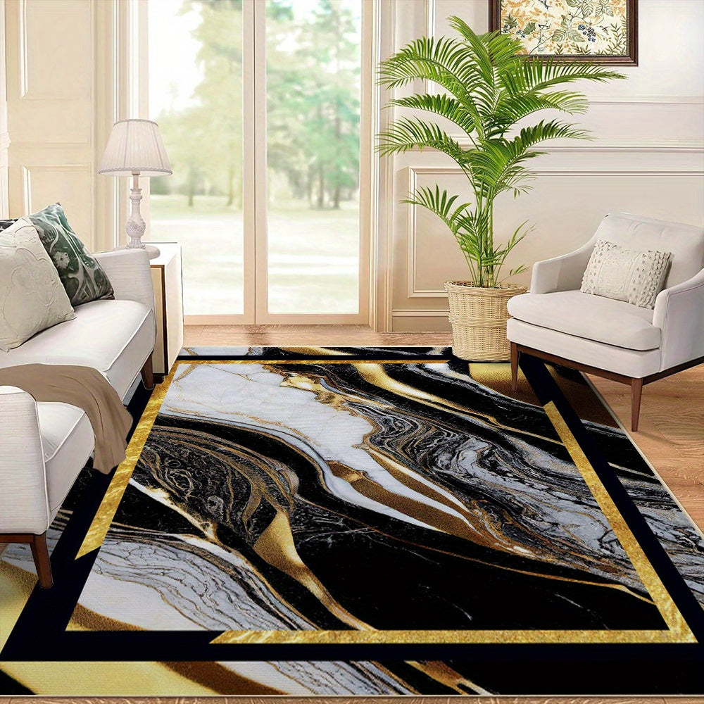 Luxury Retro Abstract Geometric Crystal Mat Non Slip Machine Washable Soft Polyester Indoor Mat with Rubber Backing Black and Golden Design for Living Room Bedroom Large Sizes Available