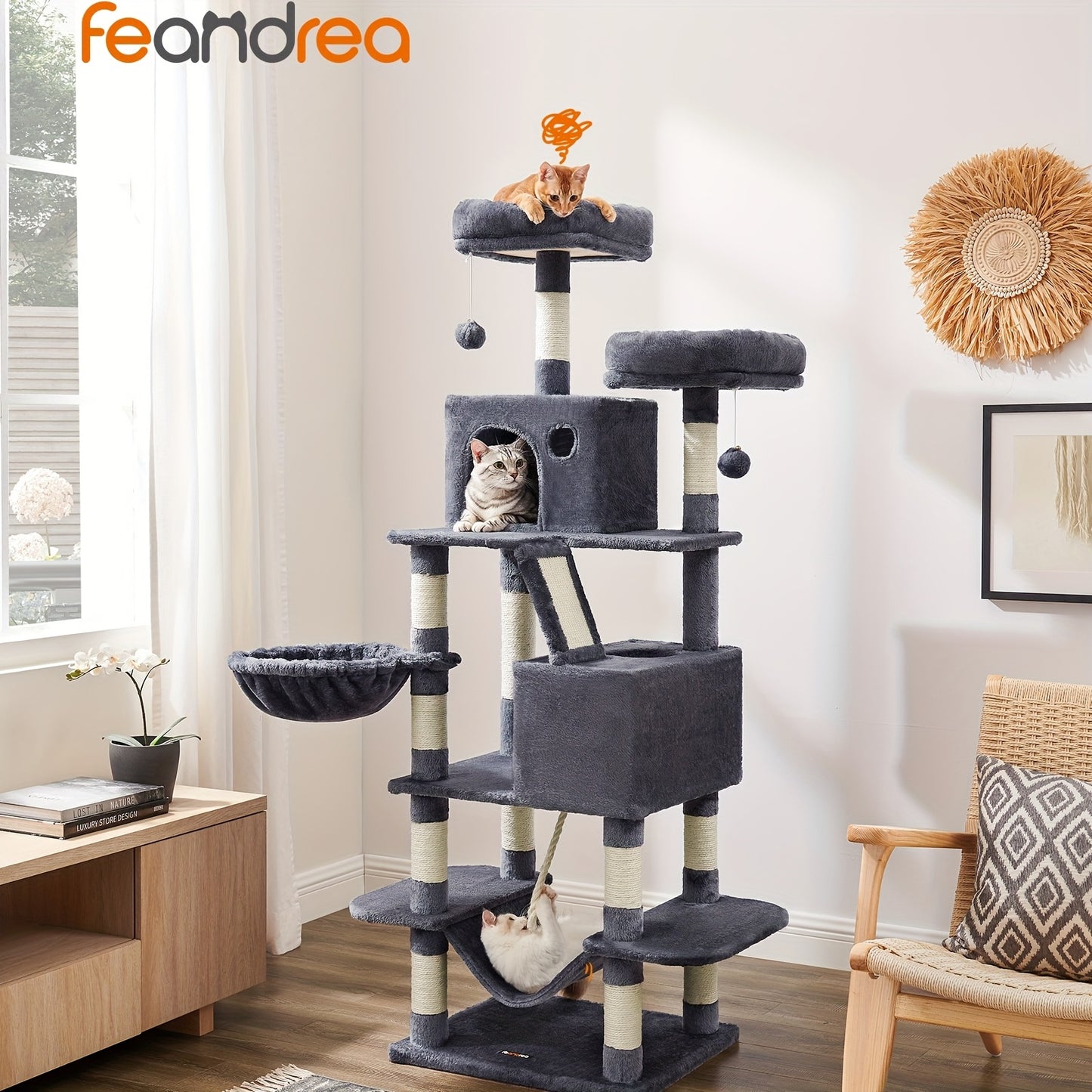 Feandrea Cat Tree 44/66.1in Large Plush Condo for Cats
