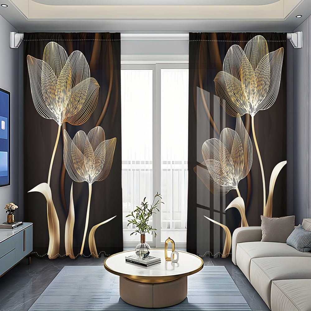 2 Panels Elegant Golden And Black Flower Pattern Printed Curtains Luxury Art Style Semi Blackout Rod Pocket For Living Room Bedroom Dining Room Kitchen Balcony Holiday Anniversary