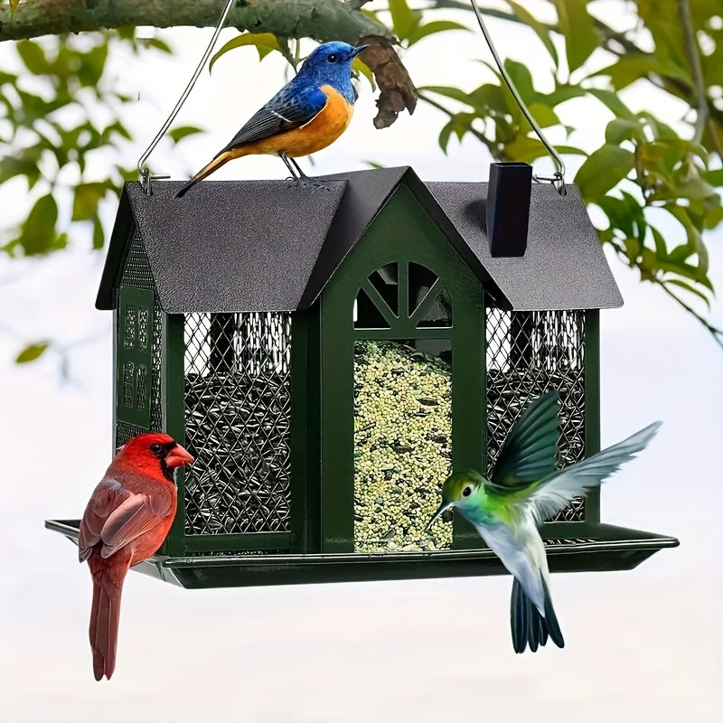 Metal Mesh Bird Feeder For Outdoor Hanging With Waterproof Roof And Seed Tray Large Capacity 4 Lbs For Garden Decoration