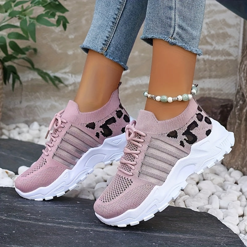 Leopard Print Sneakers Lightweight Women's Mesh Lace-Up Shoes