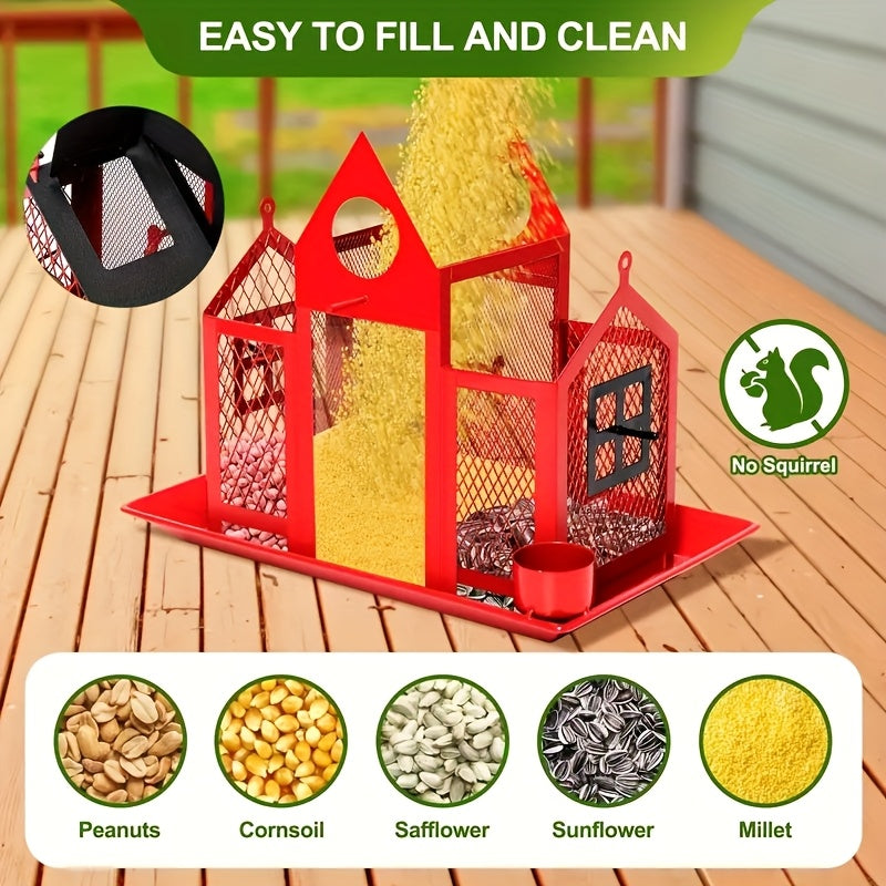 Metal Mesh Bird Feeder For Outdoor Hanging With Waterproof Roof And Seed Tray Large Capacity 4 Lbs For Garden Decoration