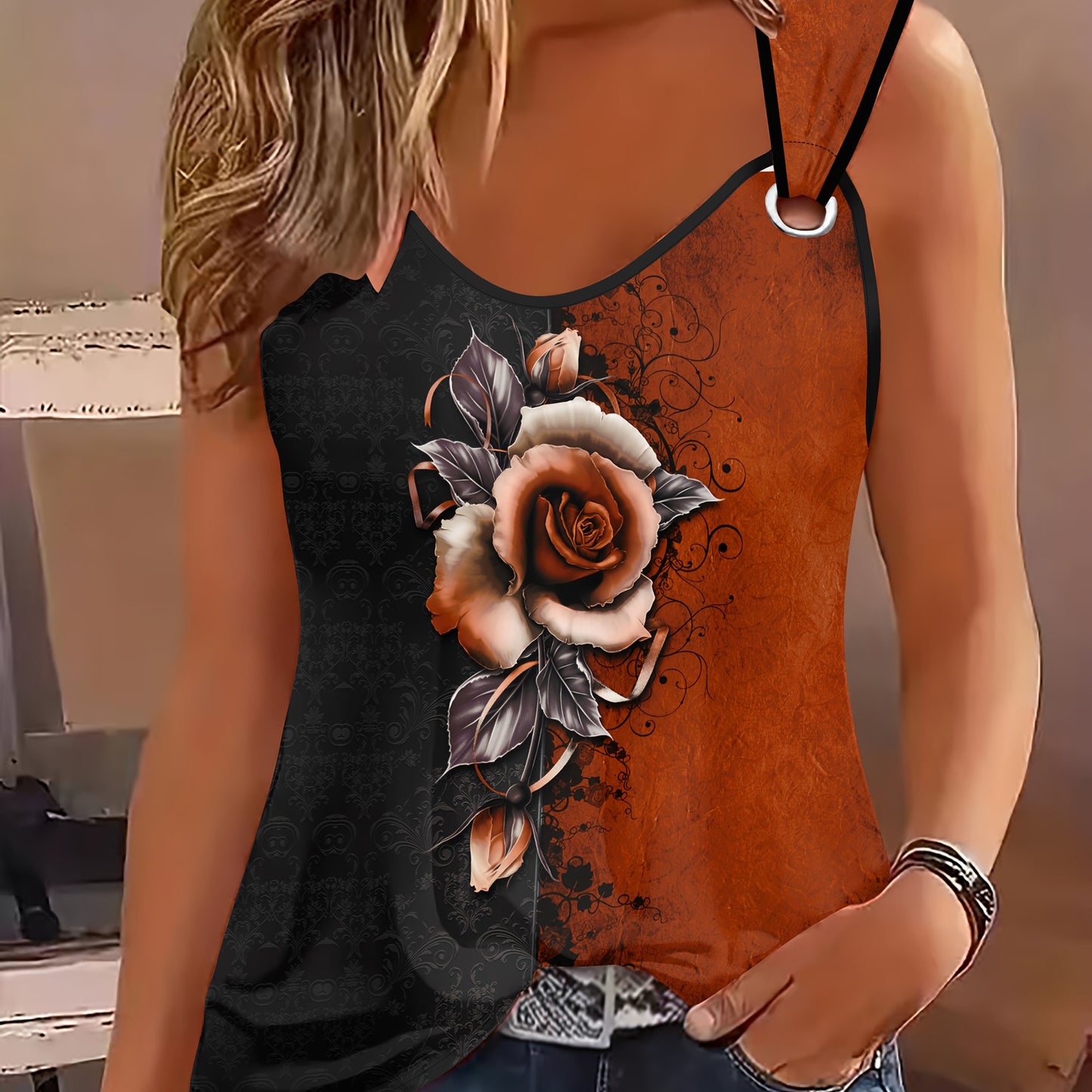 Elegant V-Neck Floral Print Tank Top for Women Summer Wear