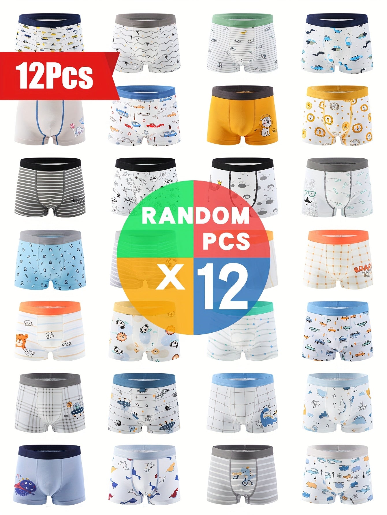 Random 12pcs Set Of Boys' Cotton Underwear For All Ages