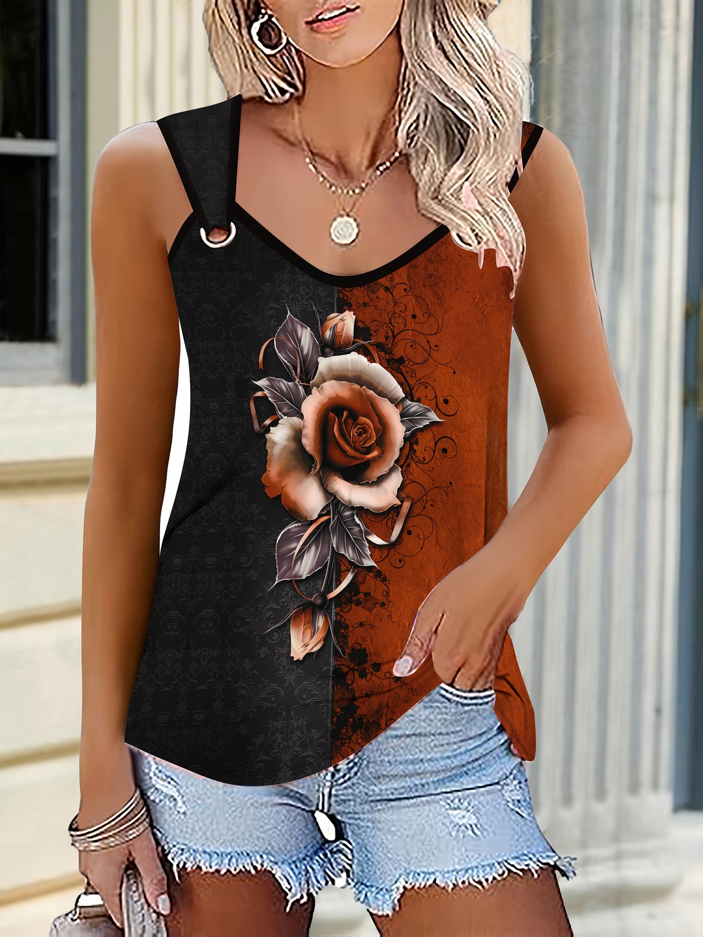 Elegant V-Neck Floral Print Tank Top for Women Summer Wear