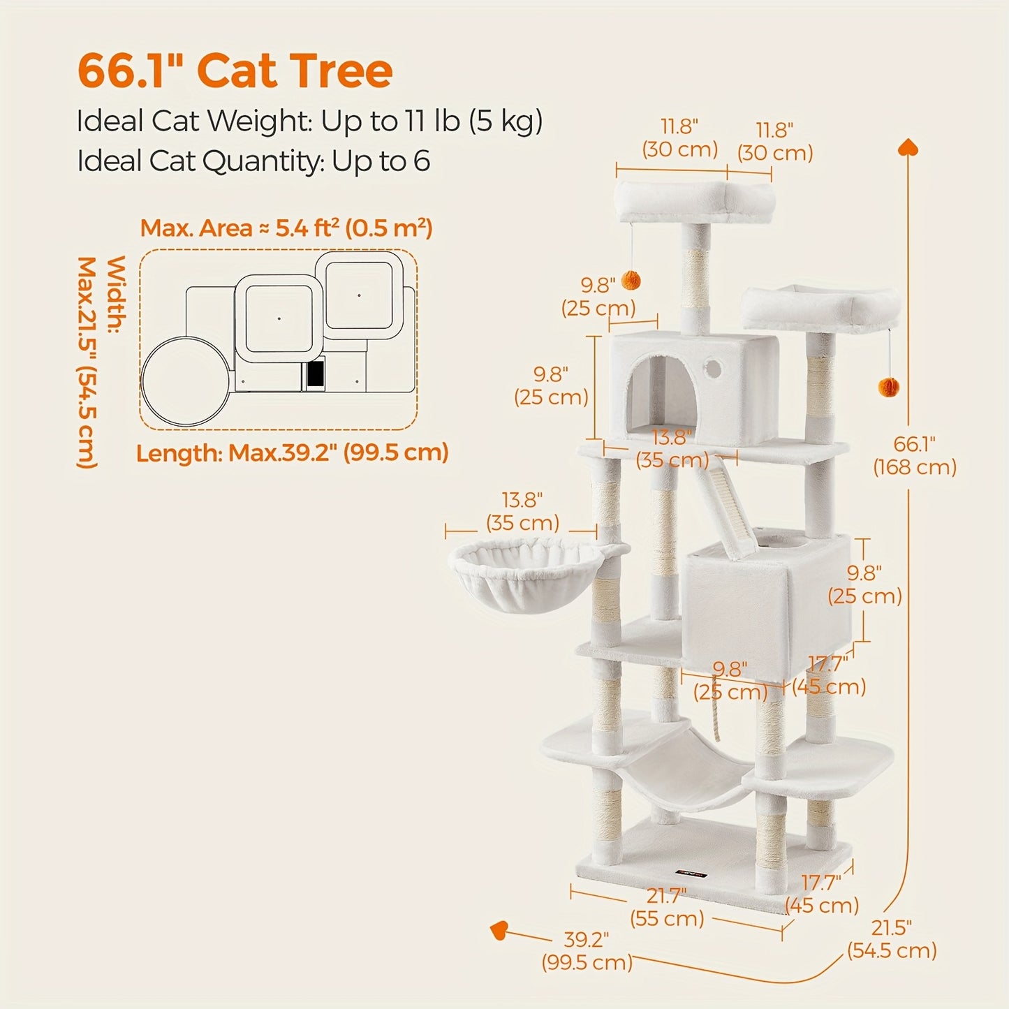 Feandrea Cat Tree 44/66.1in Large Plush Condo for Cats