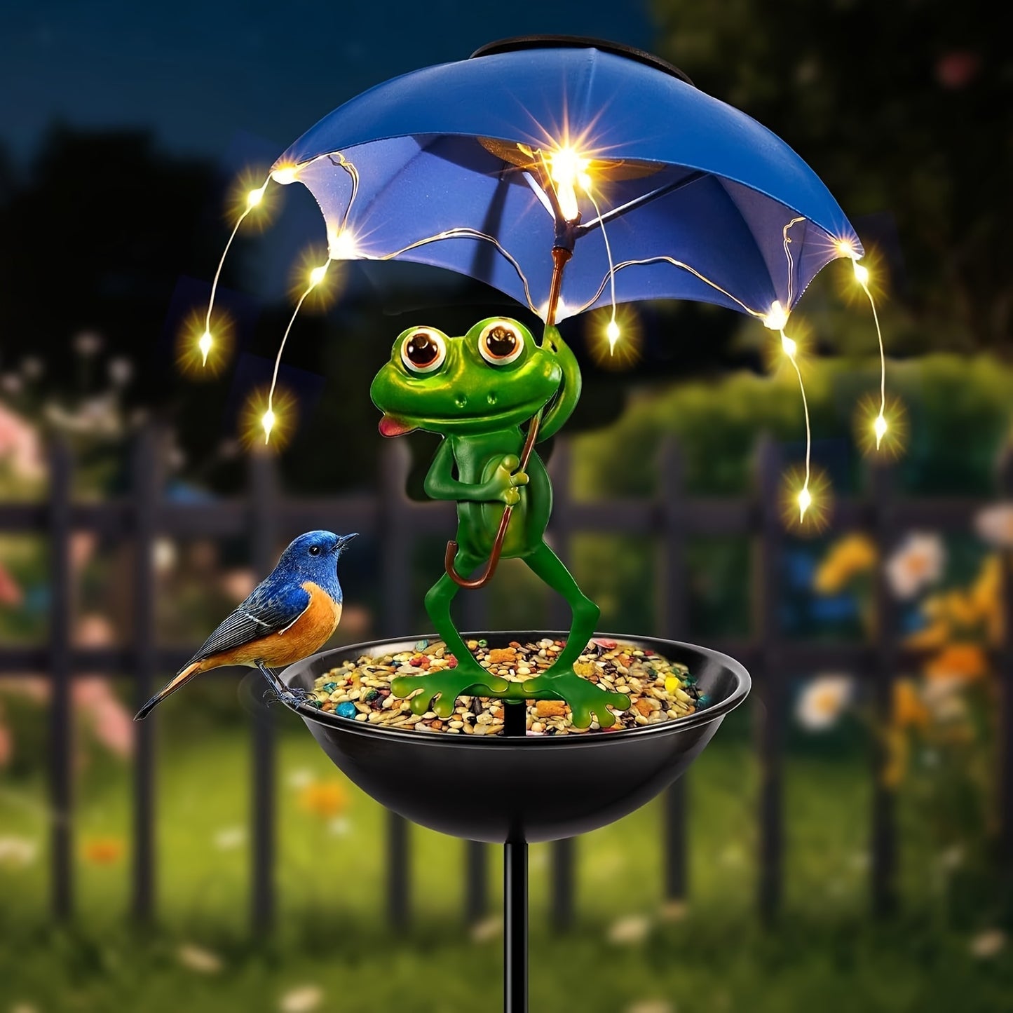 Solar Frog Statue Light Solar Powered Outdoor Garden Decoration with LED Light String Bird Feeder Hummingbird Feeder Suitable for Aisles Lawns Terraces