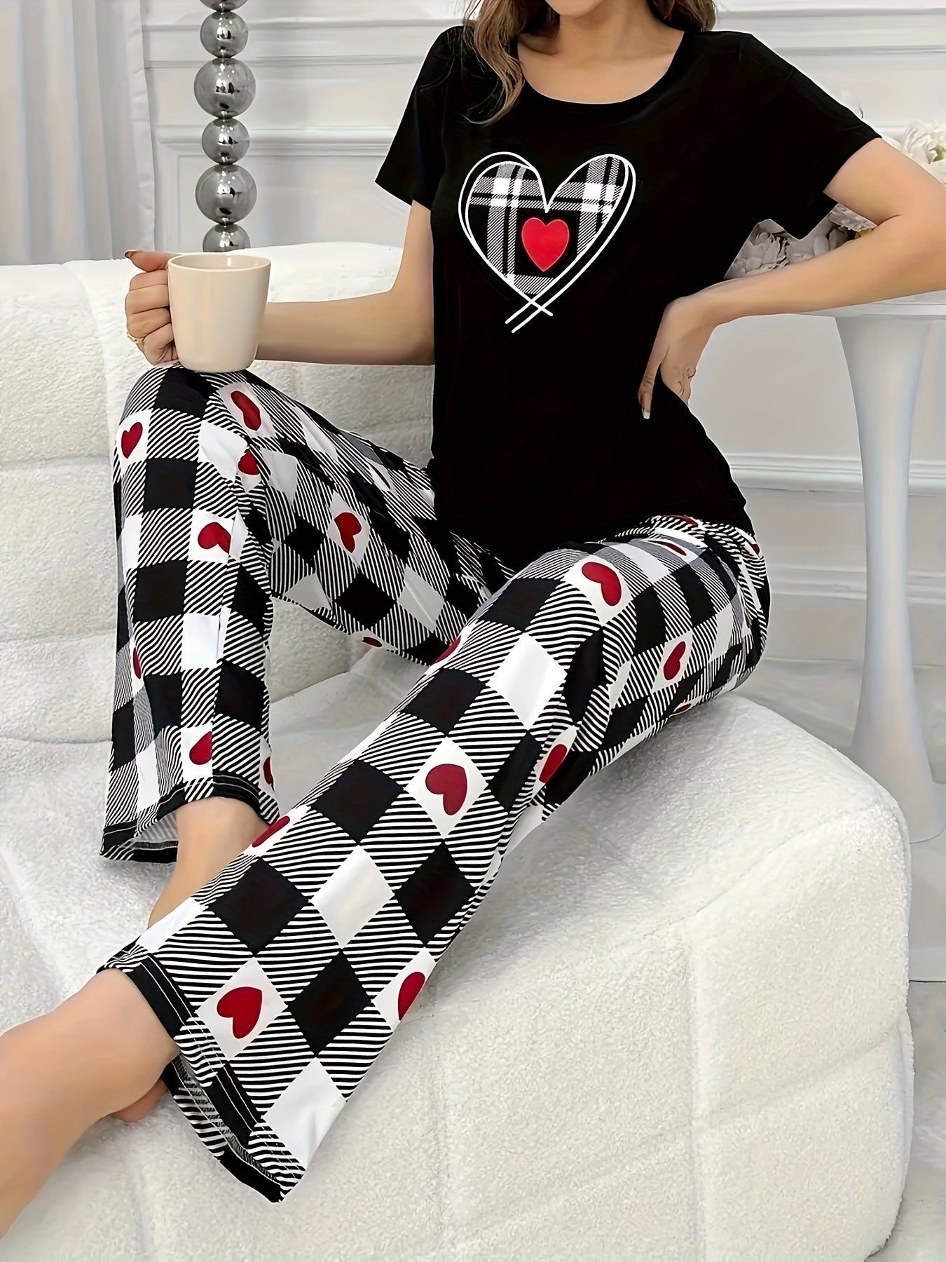 Women's 2pcs Heart & Letter Print Pajama Set for All Seasons