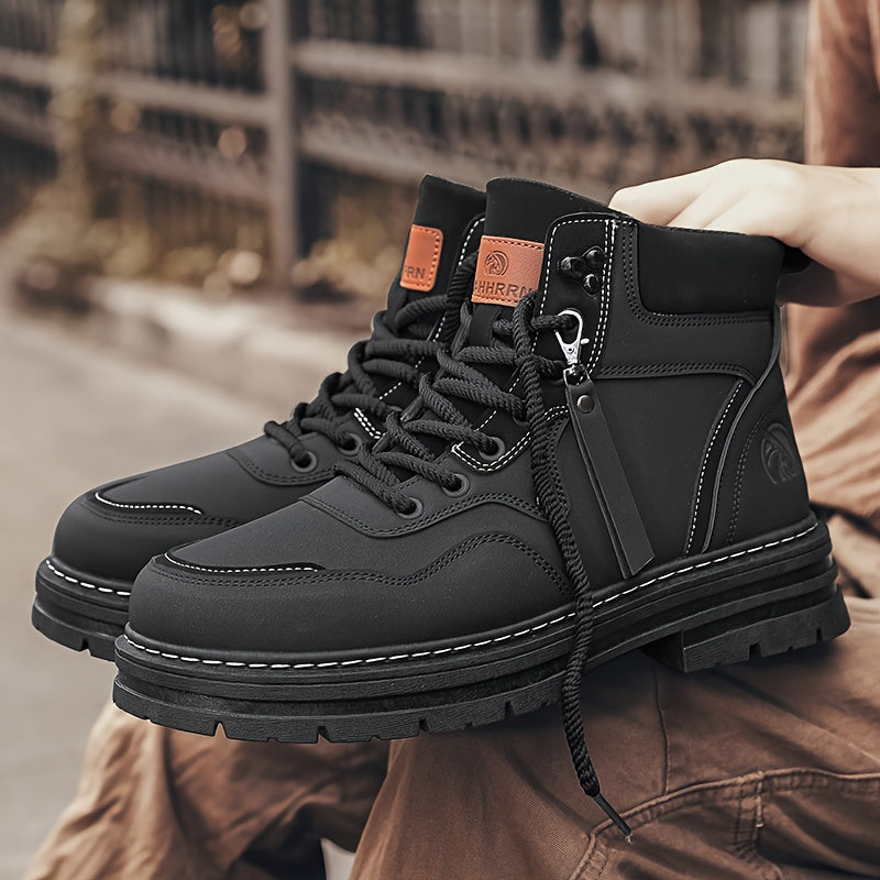 Men's Comfy Round Toe Lace Up Boots - Non-Slip Sole, Durable PU