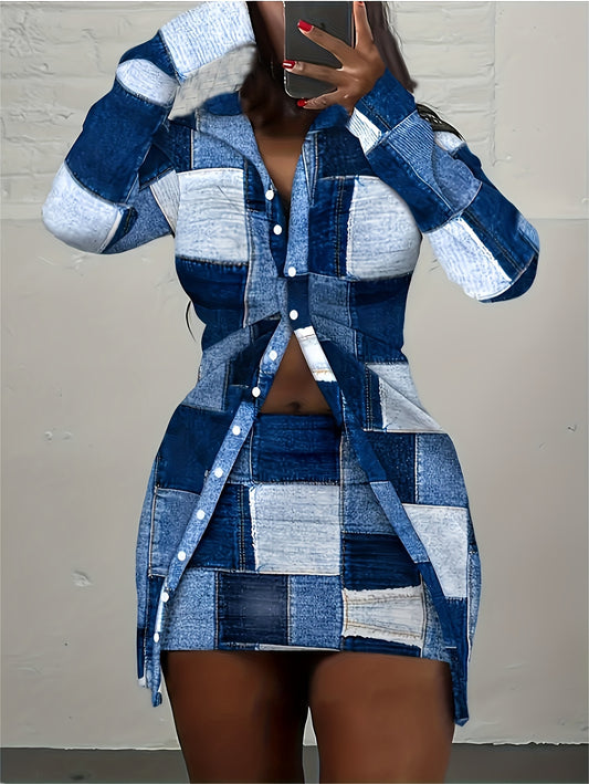 Two-Piece Casual Outfits: Plaid Print Blouse & Skirt Set