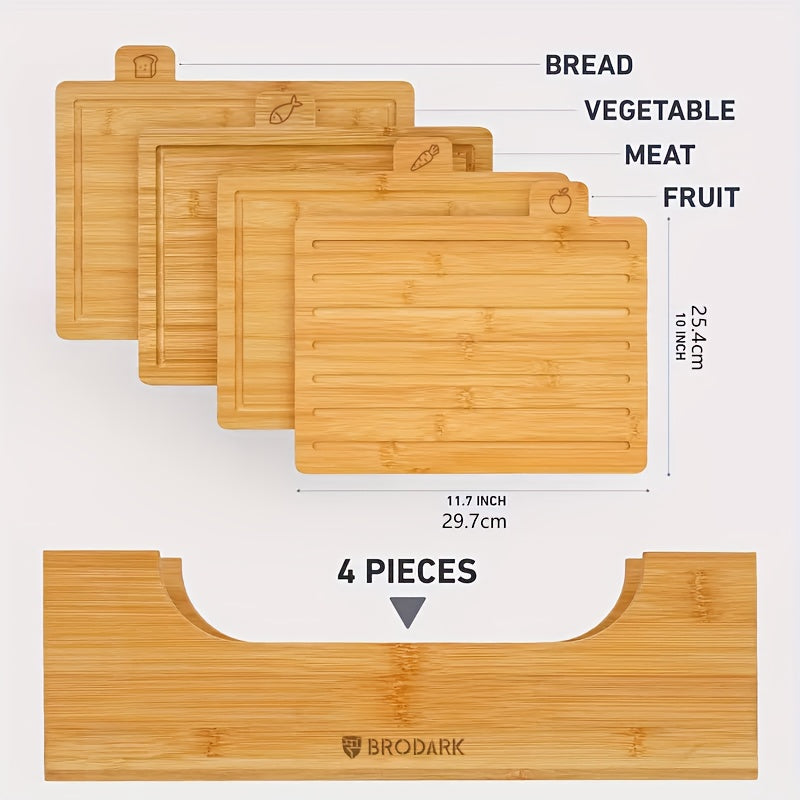 Wooden Cutting Boards For Kitchen Bamboo Cutting Board Set Of 4 With Holder Butcher Block Chopping Meat Cutting Board Built In Compartments Juice Groove With Food Icons Bread Vegetables Fruit