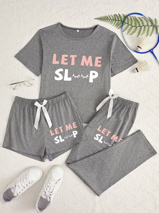 3Pcs Women's Pajama Set, Simple Knit Polyester Sleepwear