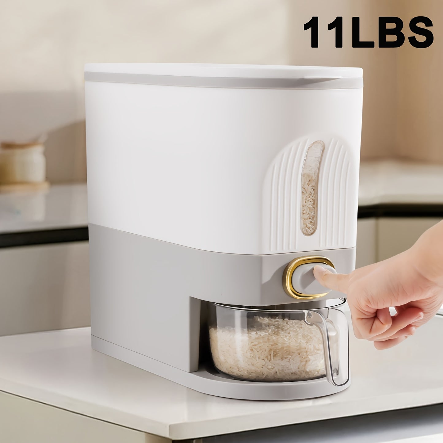 Large Capacity Moisture Resistant Rice Dispenser with Time Recorder and Measuring Cup