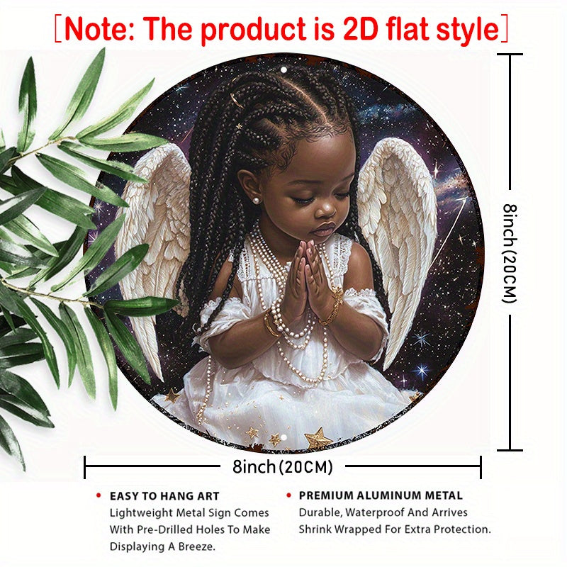 1pc 7.87x7.87 Inch Round Aluminum Sign Angelic Wall Art with Golden Wings Pearl Necklace Starry Night Sky Design Perfect for Bedroom Home Decor Inspirational Wall Decor